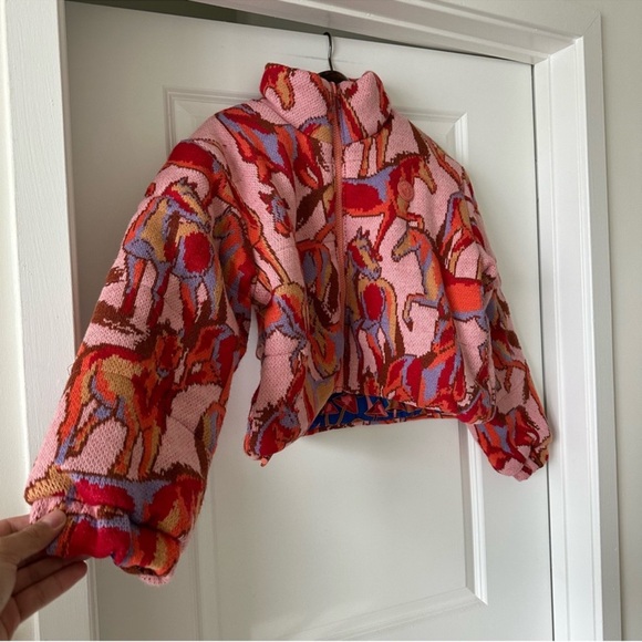 Farm Rio Rose Wild Horses Tricot Reversible Puffer Jacket - Picture 2 of 12